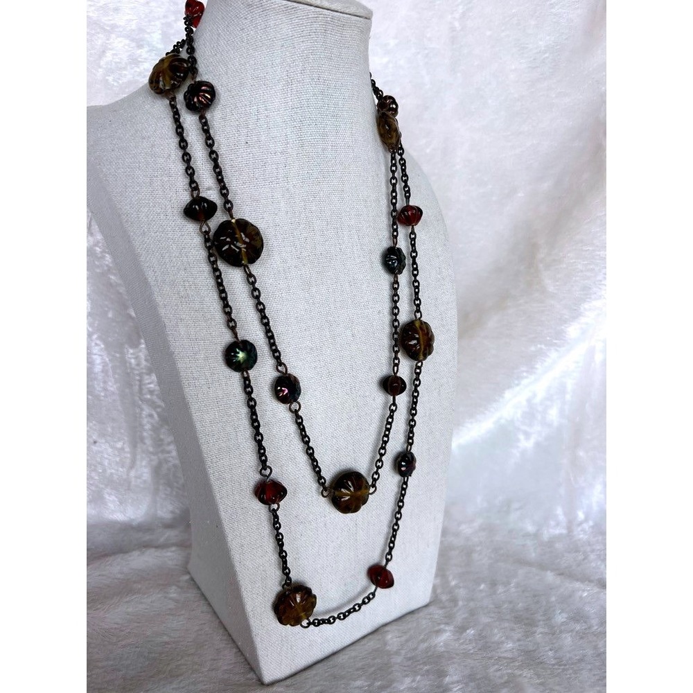 Glass Bead Necklace 40" Long Amber Iridescent Beads Layering Flapper Opera Artsy